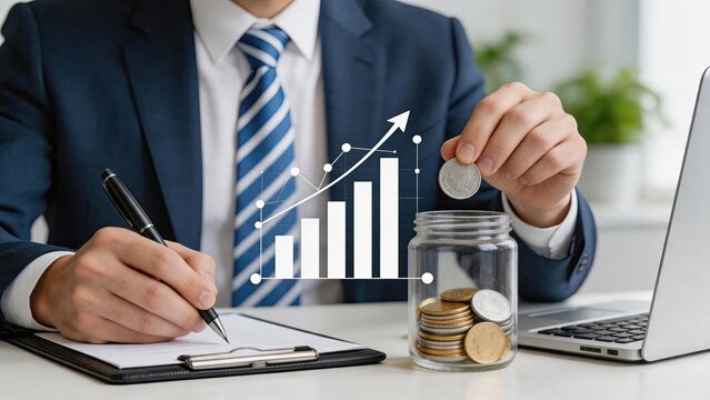 Businessman saving coins in jar with growth chart, financial investment strategy, wealth accumulation concept, corporate planning, economic success, profit analysis, banking and