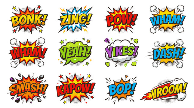 Bright comic book action bubbles with smash and kapow.
