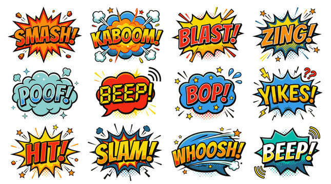 Brightly colored comic action word bubbles on white