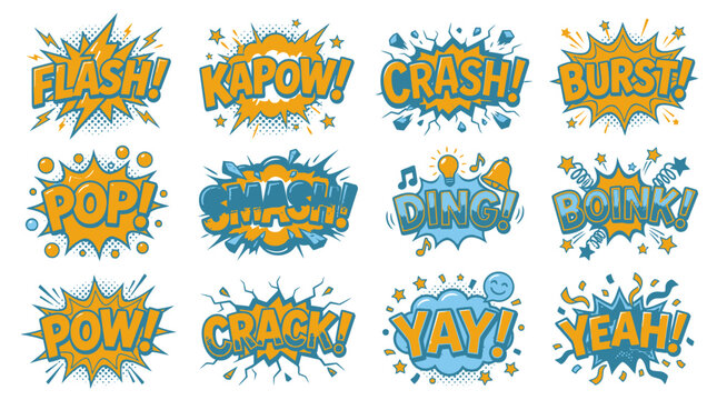 Blue and yellow comic book crash and smash icons.