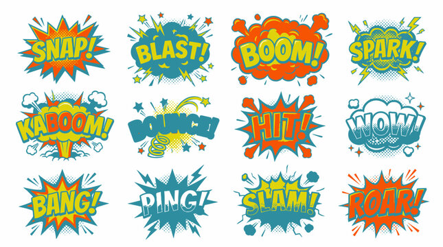 Bold comic book sound effect bubbles with kaboom and wow.