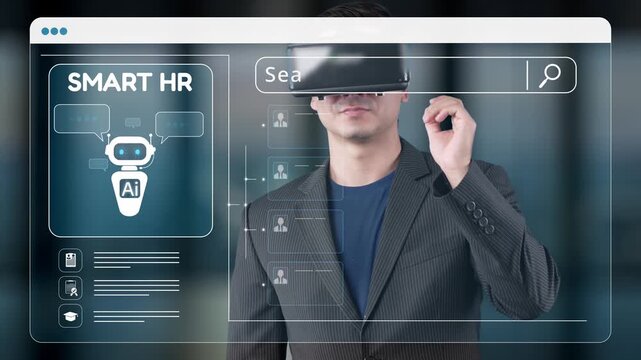 A businessman interacts with virtual reality technology within a smart HR management interface, showcasing innovative AI tools and data analytics for effective workforce solutions. Raster