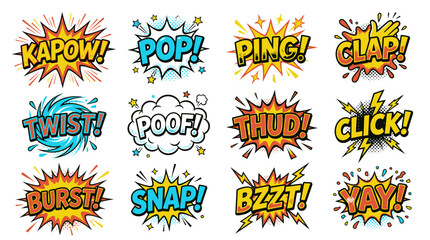 Obraz premium Bright yellow comic sound effect icons set on white.