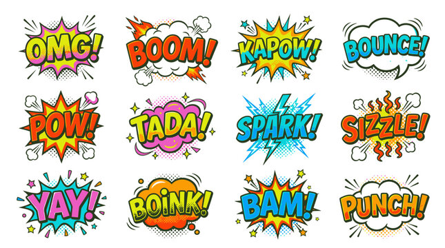 Bright pop art comic stickers with omg and pow bubbles