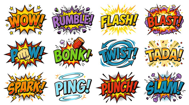 Bold comic book sound effects and action speech bubbles.