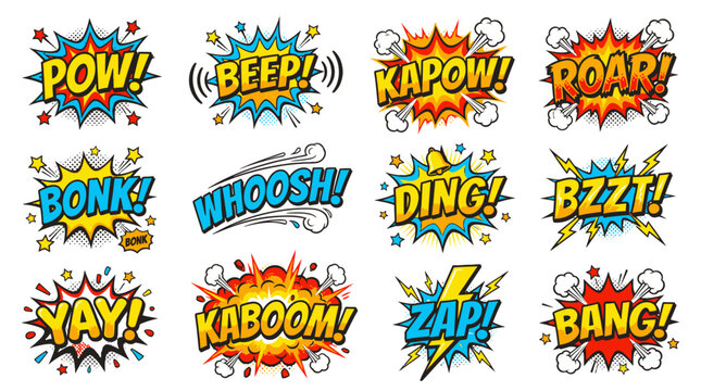 Bold comic book sound effect text sticker pack.