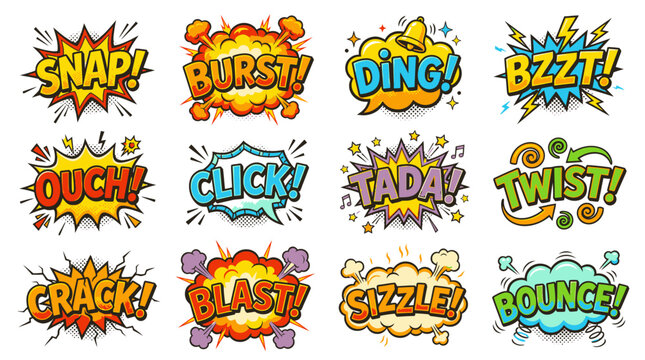 Bright comic book sound bubbles with diverse action words.