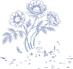 Fototapeta premium Simple blue line art illustration of wild rose bush with blooming flowers and leaves on transparent background for embroidery.