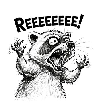 anthropomorphic racoon character, highly stylized and distressed, rendered in a raw black and white charcoal sketch with the text 'reeeeeeee' above, isolated on white, concept of absurd hysterical