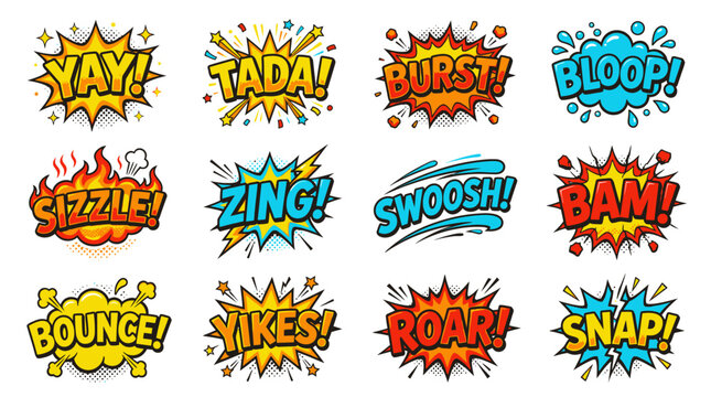Bright comic bubble sound effects including yay and tada.