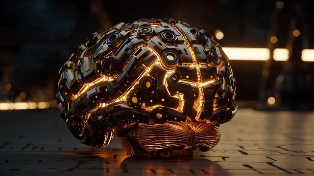Futuristic robotic brain with glowing circuits and metallic components.