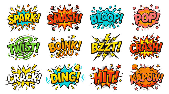 Bright comic style sound effects and action bubbles set.