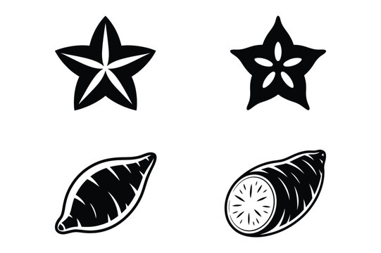 Black and white vector icon set of carambola starfruit and sweet potato silhouette