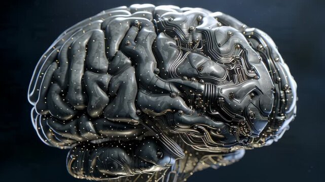 Detailed 3D rendering of a human brain with visible anatomical structures and neural pathways.