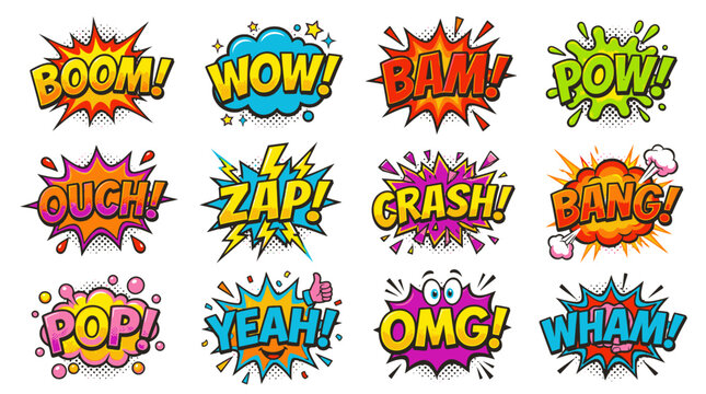 Classic halftone comic book sound effect bubbles.