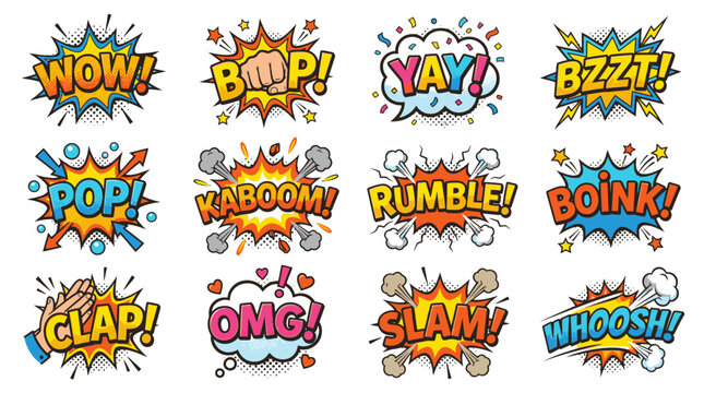 Classic halftone comic kaboom rumble whoosh sound effect stickers.