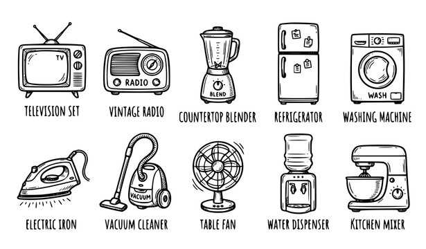Hand Drawn Household Appliance Doodle Icons with TV Radio Refrigerator and Washing Machine Symbols Vector Set