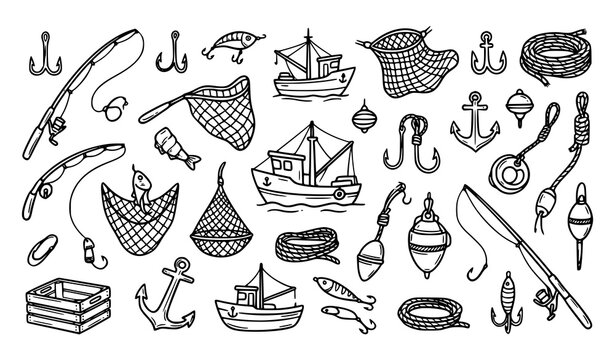 Hand drawn fishing doodle icon set with rods hooks trawler boats nets and marine seafood vectors