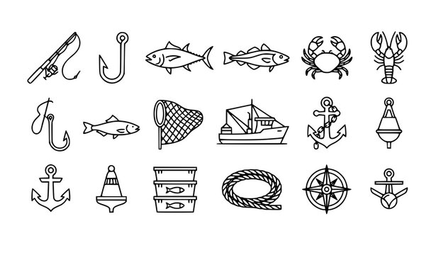 Minimal fishing and marine icon collection with rods hooks trawler boats nets and seafood outline vectors