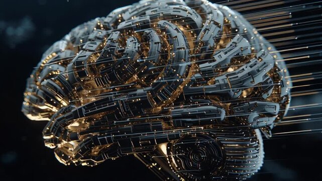 Futuristic digital representation of a human brain with glowing circuit patterns.