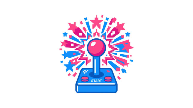 Retro arcade joystick with colorful explosion