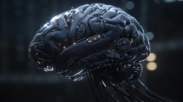 Futuristic digital representation of a human brain with technological elements.