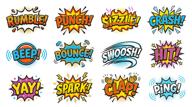 Collection of colorful comic sound effects for graphic novels.