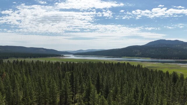 Aerial of Phillips Lake near Baker City Oregon in Whitman National Forest in spring