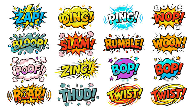 Collection of colorful retro comic book sound effect bubbles.