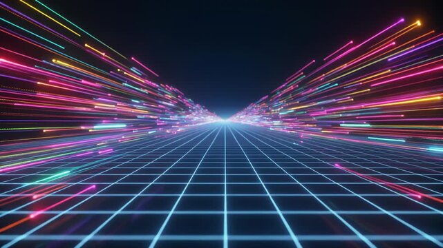 Vibrant neon grid background with colorful streaks and futuristic glow, abstract technology concept