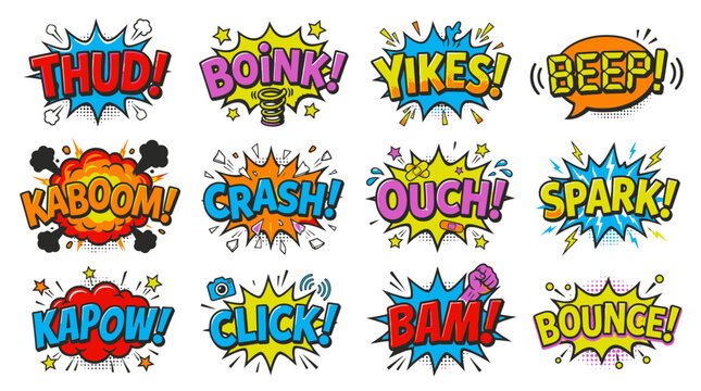 Collection of comic sound effect icons like thud and bam.