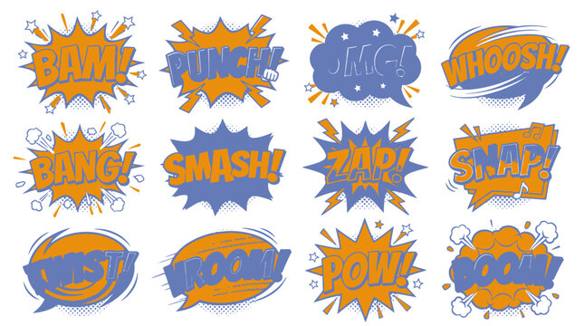 Collection of comic speech bubbles with bam and punch.