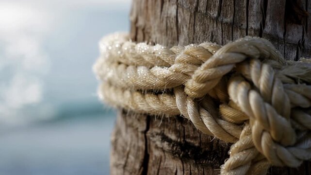 Close-up of a thick rope knot tied around a weathered wooden post