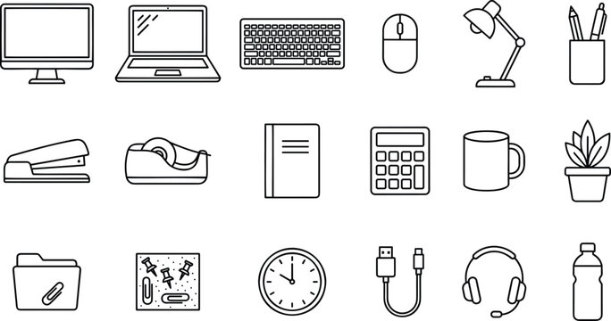 Set of office supplies and electronic devices outline icons collection.