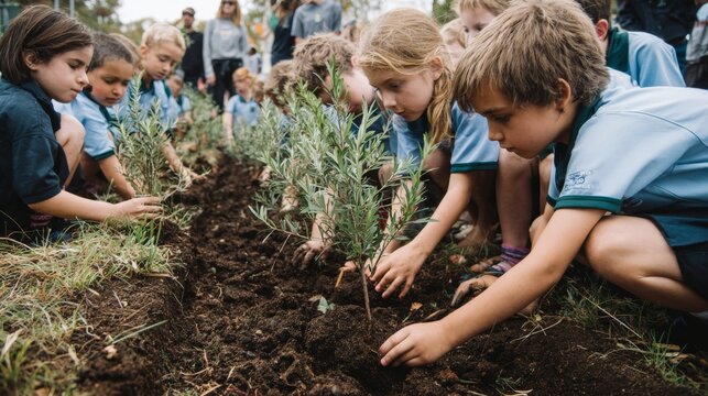 Nurturing nature: kids celebrate australia day with tree planting. Large format. Kids connect with nature by planting trees in a colorful australian landscape. Strong contrast.