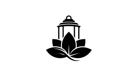 Minimalist black icon featuring a stylized lantern emerging from a lotus flower. © ayana