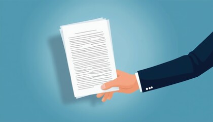 Fototapeta premium Businessperson offers documents. Professional hand gives papers with text. Man in suit shares contract or policy. Information sharing. Formal agreement.