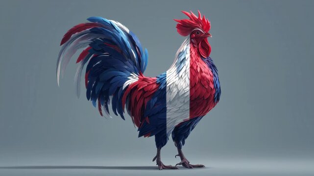 Colorful rooster with feathers painted in the colors of the French flag standing on a gray background.
