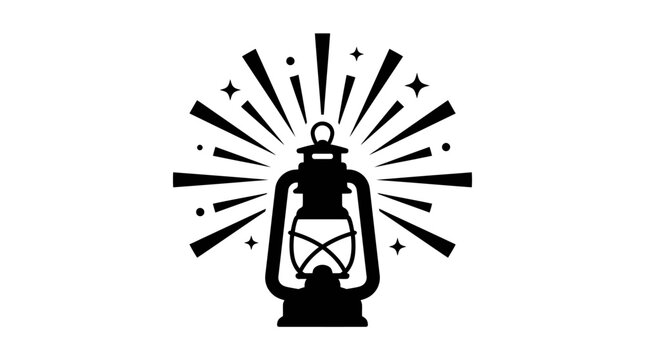 A black and white silhouette illustration of a vintage oil lantern radiating light.