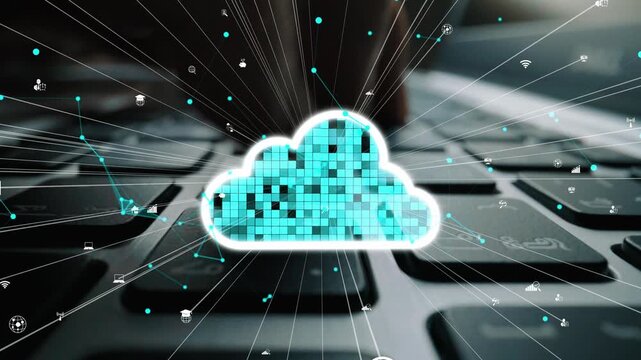 Visual representation of cloud computing emphasizing data transfer and technology. The image captures a keyboard and a glowing cloud icon surrounded by digital elements. Xenic