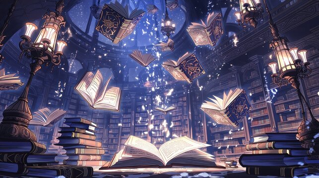 magical library with floating books and glowing lights