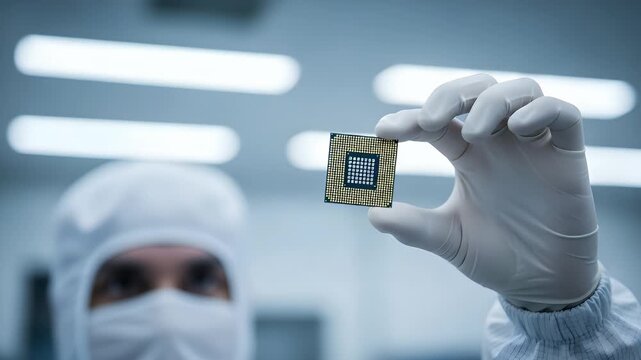 A scientist in a cleanroom suit carefully holds a delicate microchip, showcasing advanced semiconductor technology and precision manufacturing processes in a sterile laboratory environment.