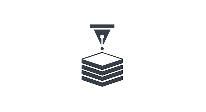A minimalist vector icon representing the additive manufacturing process, featuring a precise nozzle head printing layered 3D materials.