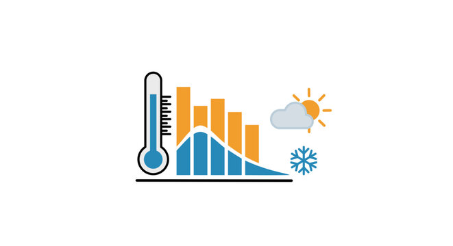A flat vector illustration representing climatology data analytics, featuring a thermometer indicating low temperature alongside a descending bar chart and wave graph.
