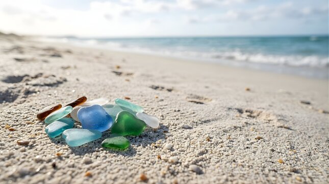 Colorful sea glass pebbles resting on a sandy beach shore during summer