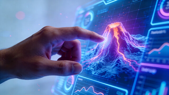 Scientist hand touching digital hud interface with 3D volcano simulation, global monitoring and seismic data science concept