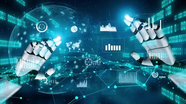 A captivating image of robotic hands engaging with data visualizations over a digital map, representing the intersection of technology and human interaction in a futuristic landscape. Xenic