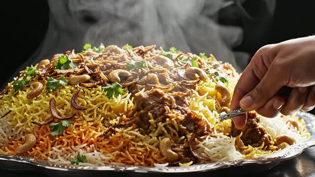 Steam Rising From A Flavorsome Biryani Dish Served On A Decorative Platter By Hand, Highlighting Culinary Delights And Aromatic Spices