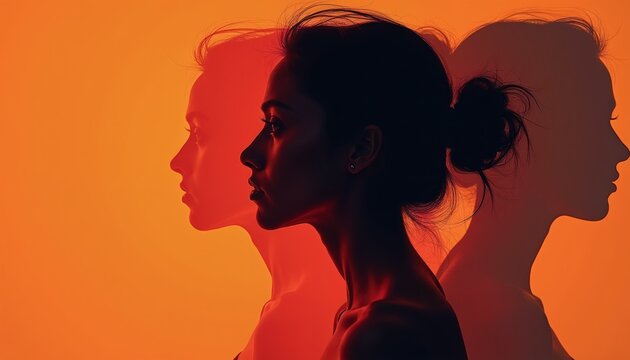 Multiple female silhouettes overlap with contrasting emotions and shifting identities on orange background. Concept of split personality mental health and inner conflict.