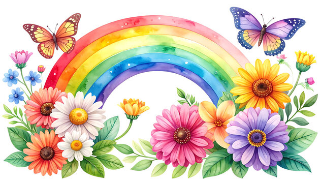 Vibrant rainbow arch over a garden of colorful daisies and gerbera flowers with fluttering butterflies, cheerful spring scene